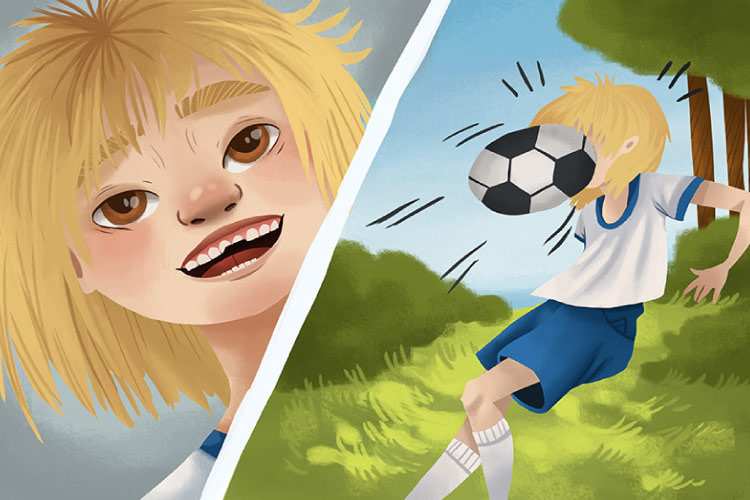 Split cartoon frame with a cartoon boy getting hit in the face with a soccer ball then smiling with a chipped tooth