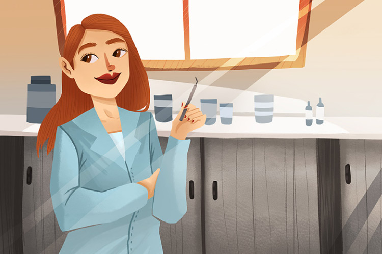 Smiling cartoon female dentist standing in the office holding a dental tool