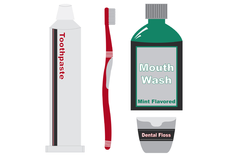 Graphic of toothpaste, toothbrush, floss & mouthwash for DIY at-home oral hygiene