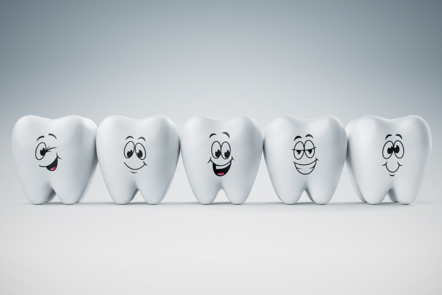 A row of five cartoon smiling teeth