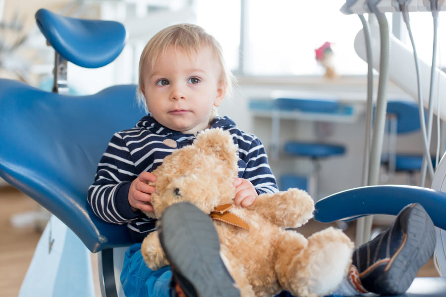 Blonde toddler boy in the dental chair with his teddy bear for his first dental visit.